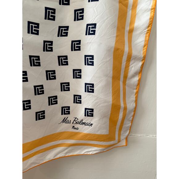 Vintage Miss Balmain Paris Large Silk Scarf Apricot Navy Blue - Picture 7 of 8